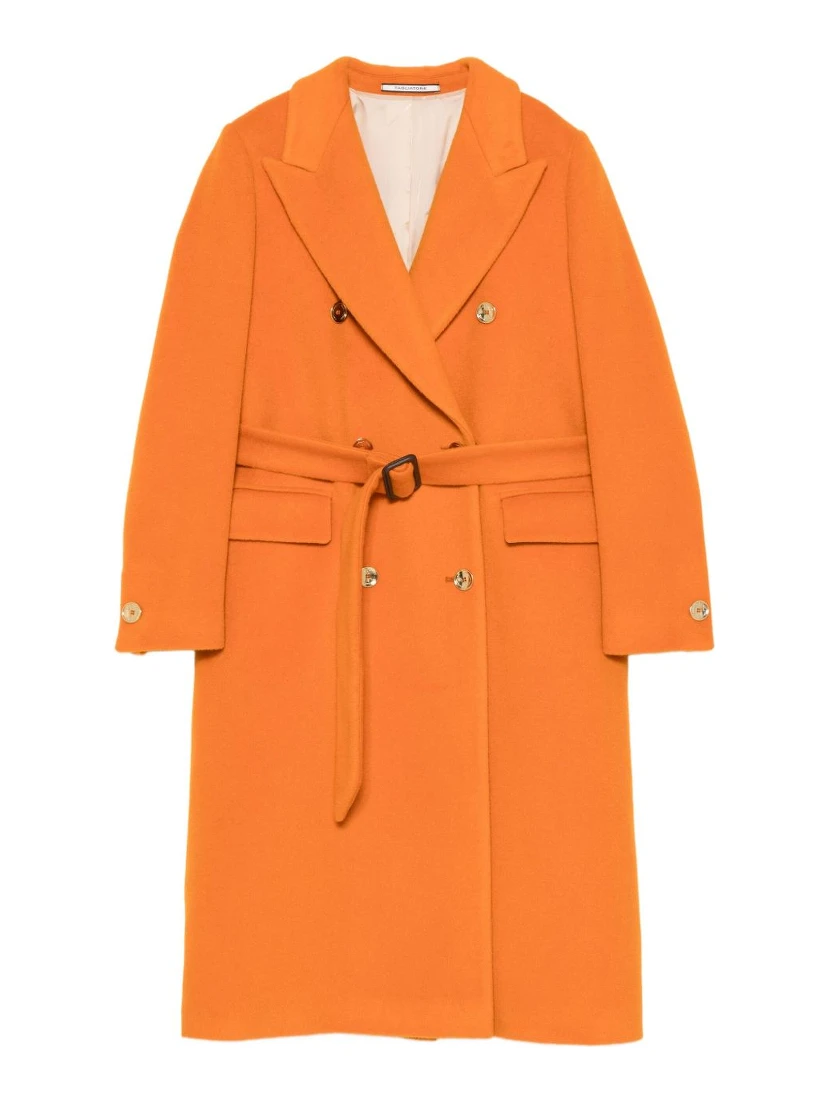 Long Length Wool Coat With Gold-tone Buttons In Orange