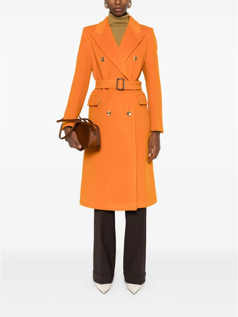 Long Length Wool Coat With Gold-tone Buttons In Orange