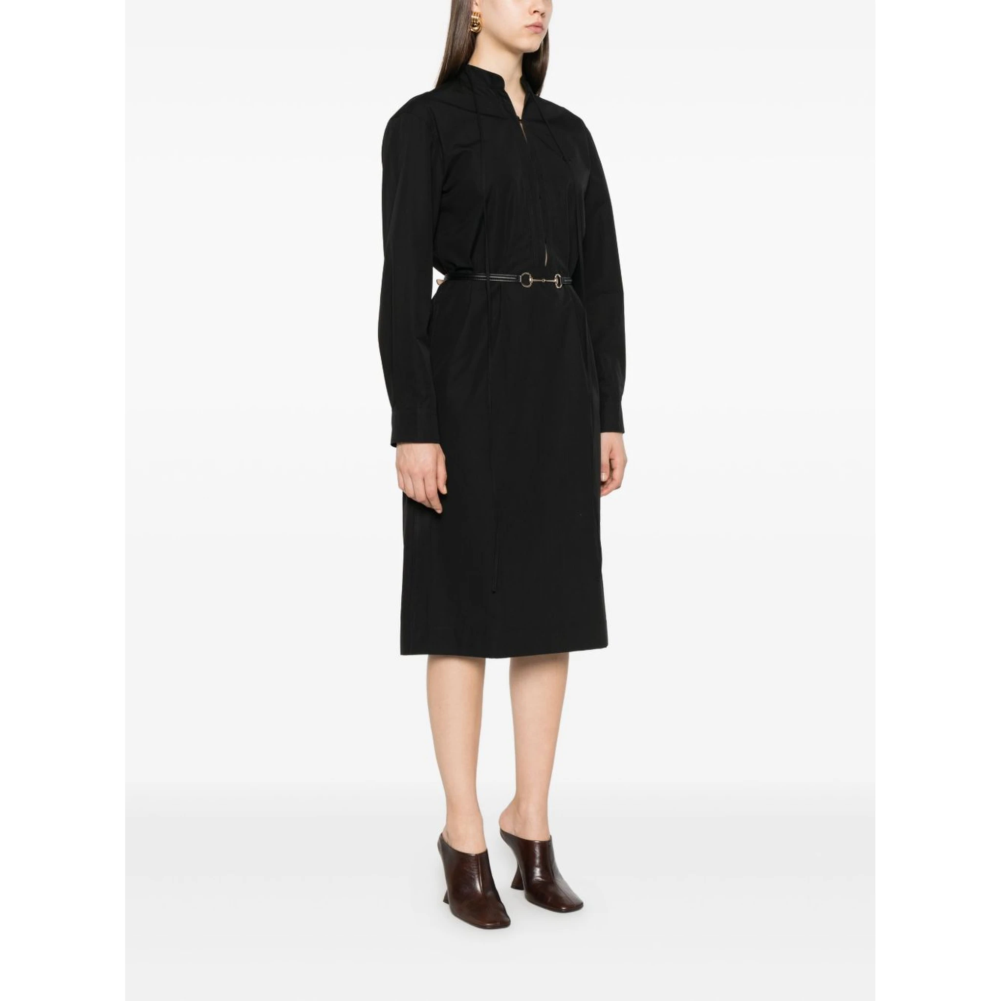 Cotton Poplin Dress with Belt in Black