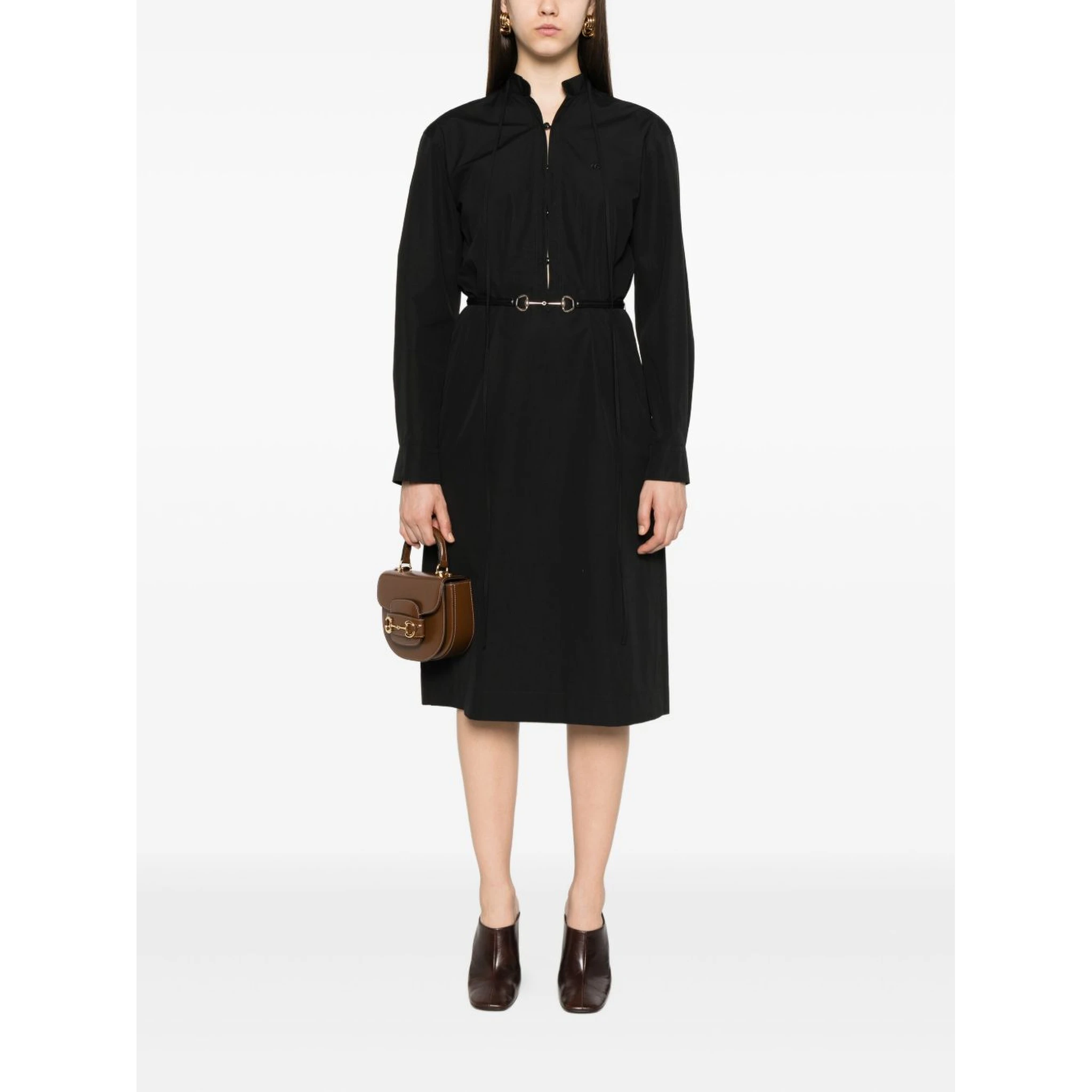 Cotton Poplin Dress with Belt in Black