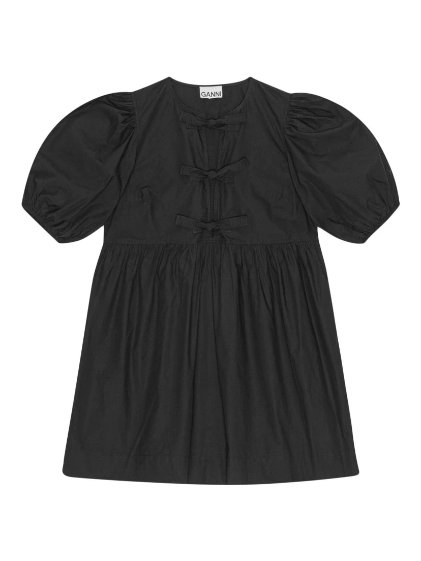 Tie String Cotton Poplin Mini Dress In Black