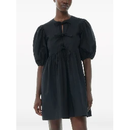 Tie String Cotton Poplin Mini Dress In Black