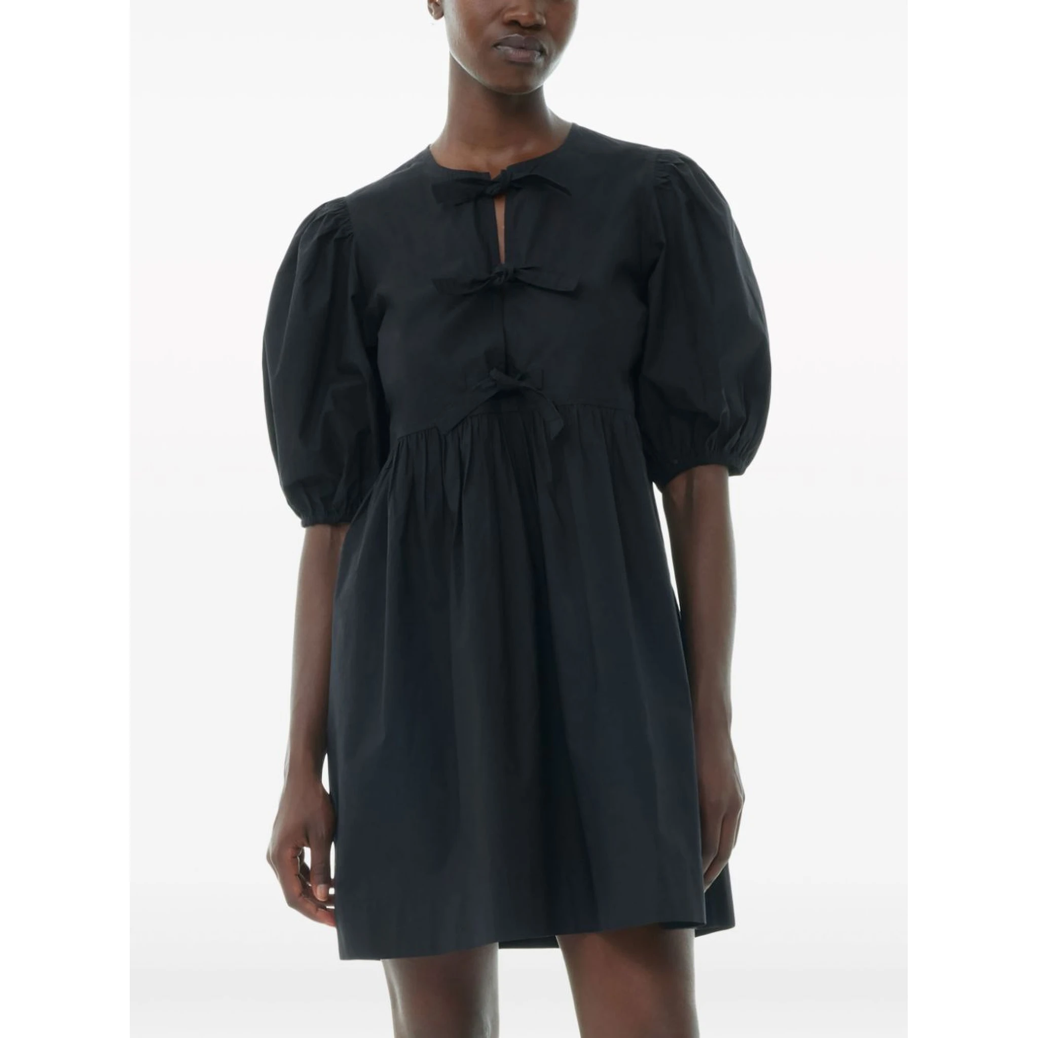 Tie String Cotton Poplin Mini Dress In Black