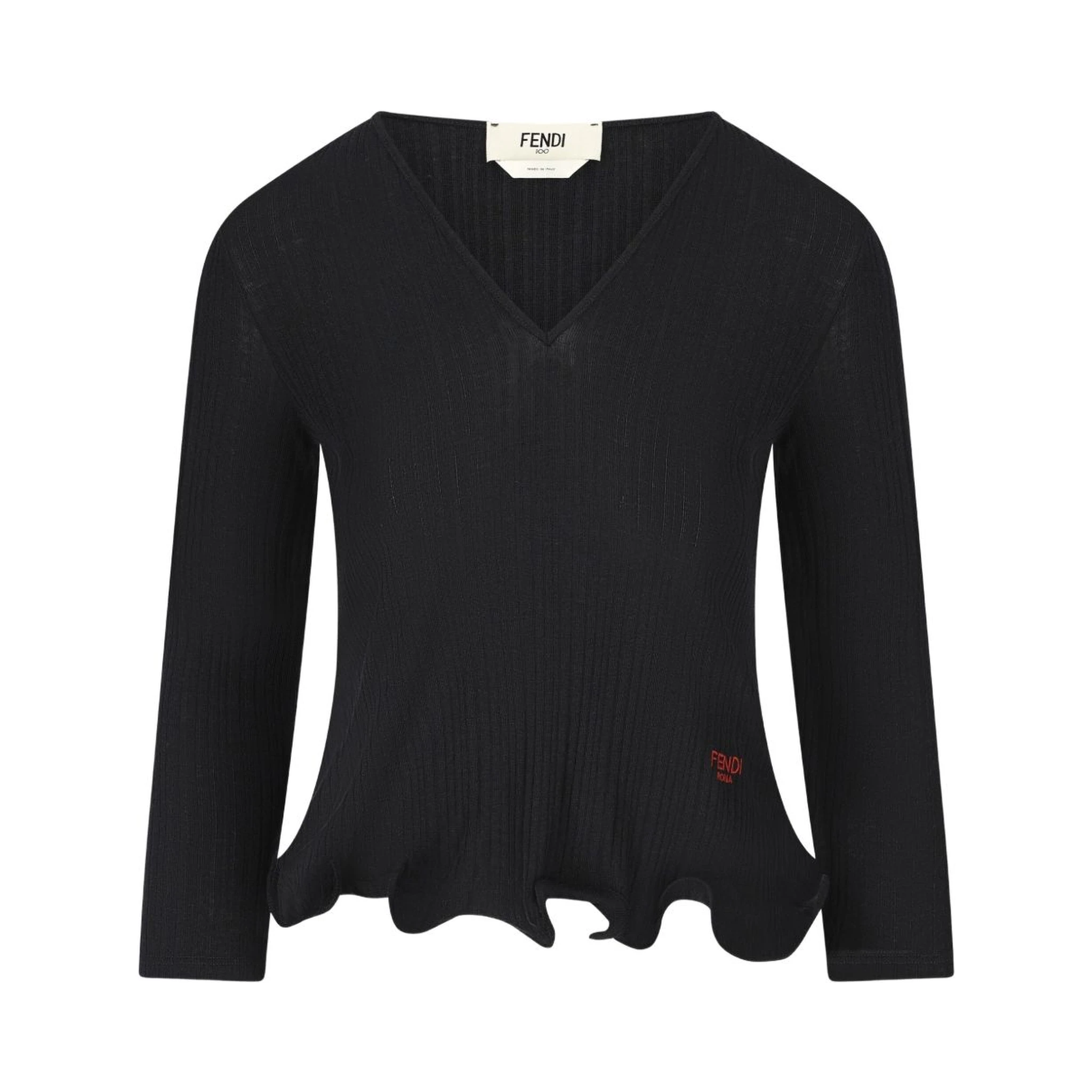 V-neck Ribbed Top With Ruffles Clothing In Black