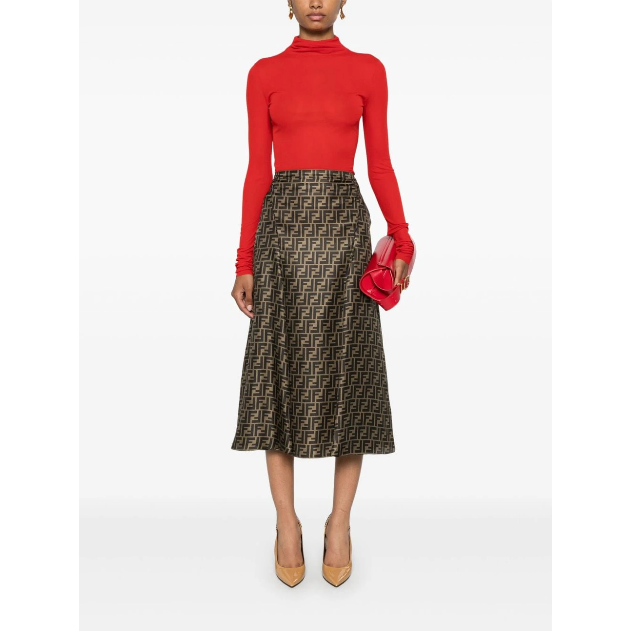 Fendi Ff Twill High-waisted Skirt In Brown