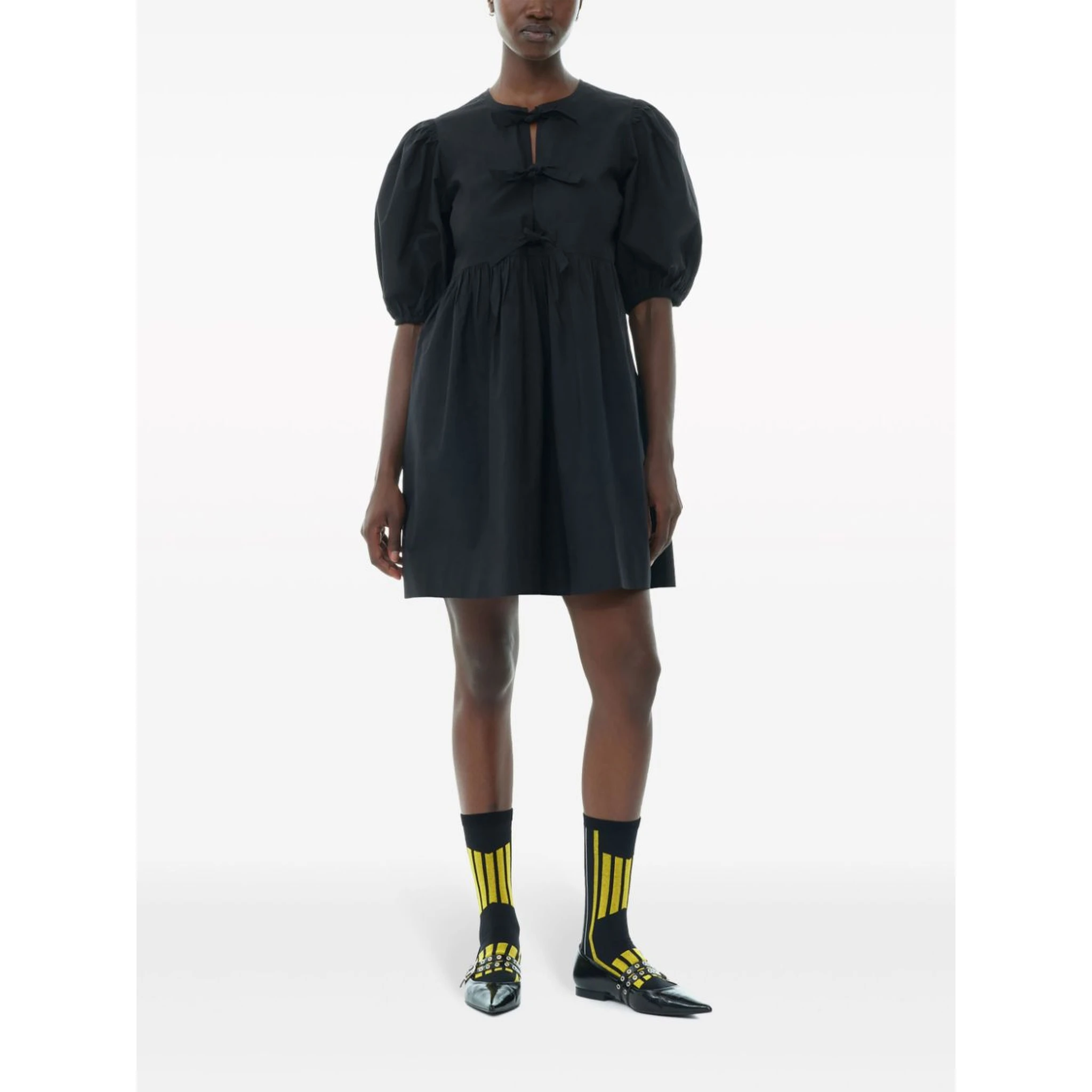 Tie String Cotton Poplin Mini Dress In Black
