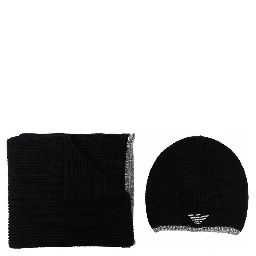 Black Scarf And Beanie Set With Logo Embroidery In Wool Blend Man