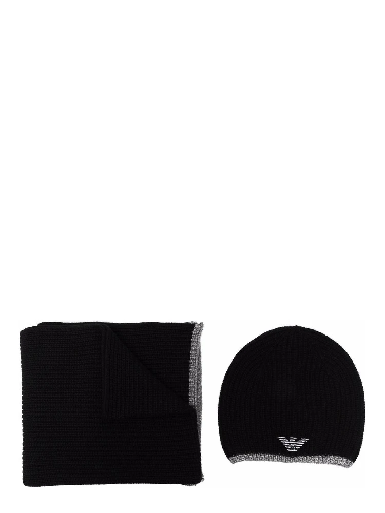 Black Scarf And Beanie Set With Logo Embroidery In Wool Blend Man