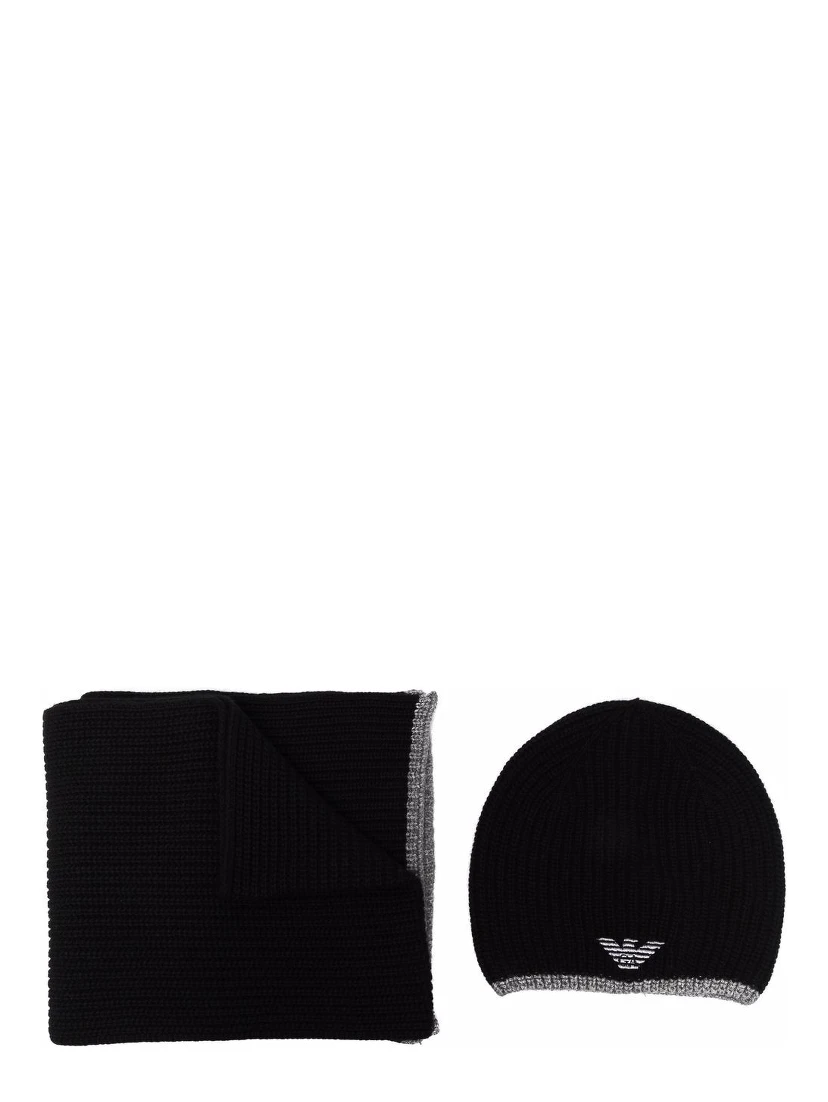 Black Scarf And Beanie Set With Logo Embroidery In Wool Blend Man