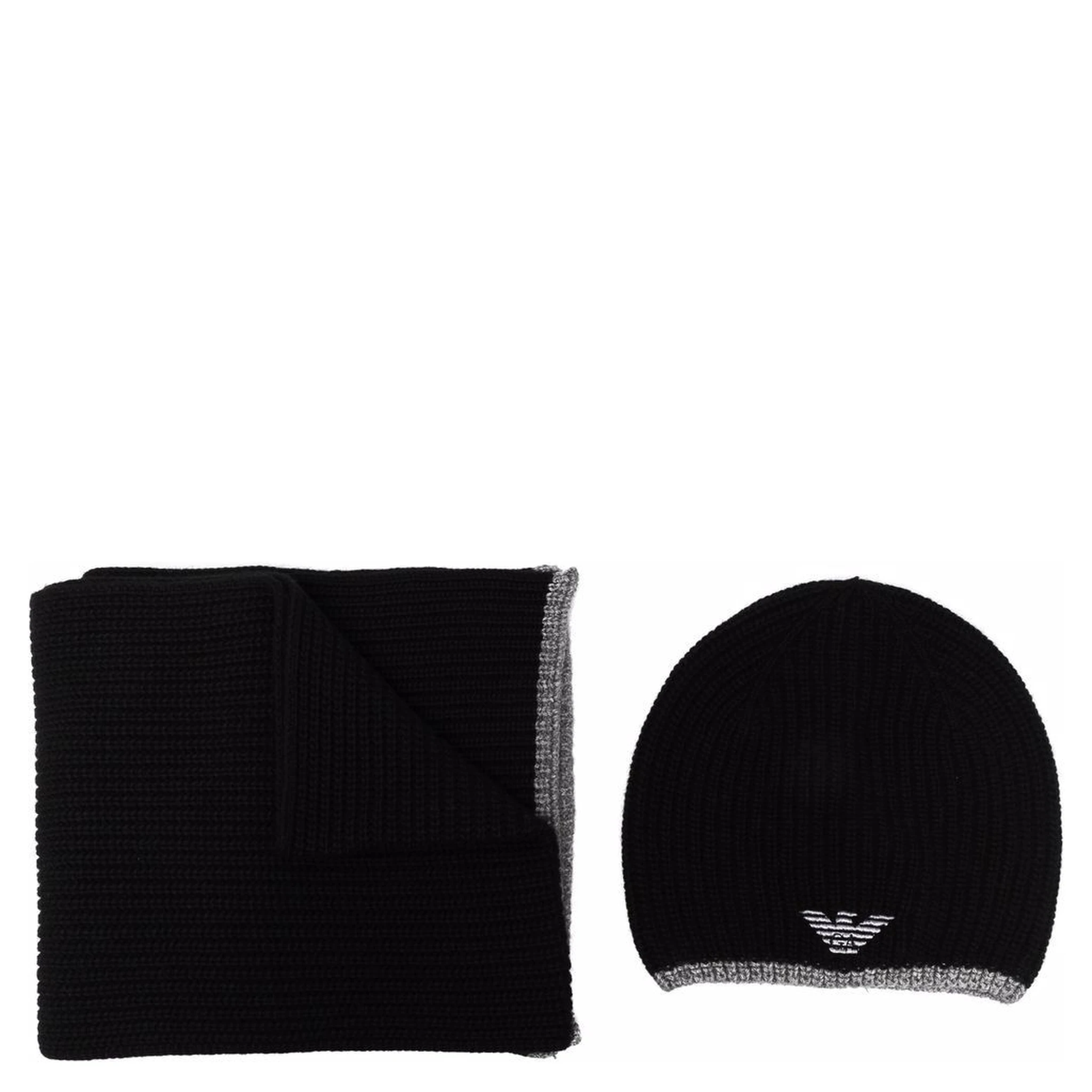 Black Scarf And Beanie Set With Logo Embroidery In Wool Blend Man