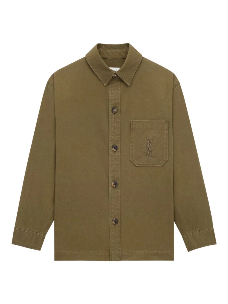 SAINT LAURENT Green Shirt With Classic Collar And Cassandre Embroidery On The Front In Cotton Man
