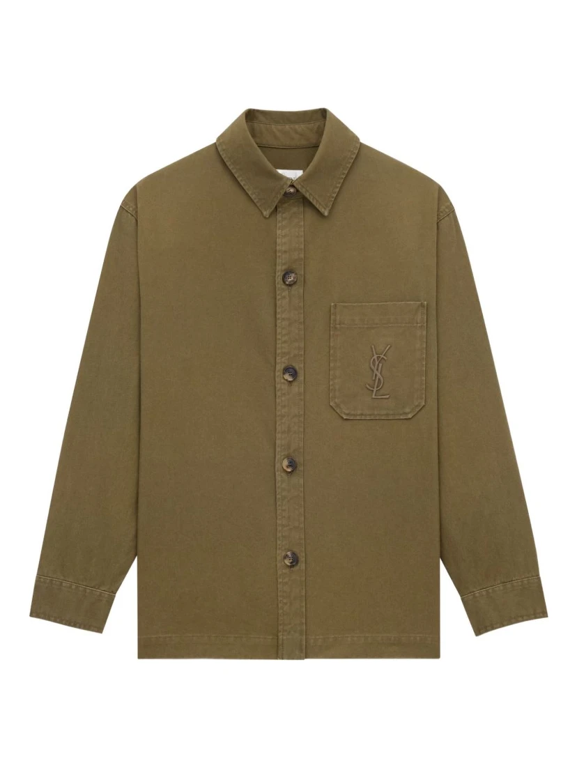 SAINT LAURENT Green Shirt With Classic Collar And Cassandre Embroidery On The Front In Cotton Man