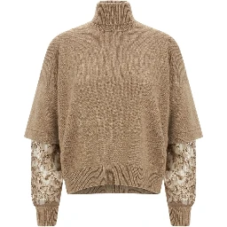 Cashmere Turtleneck Sweater With Sheer Sequined Sleeves In Brown