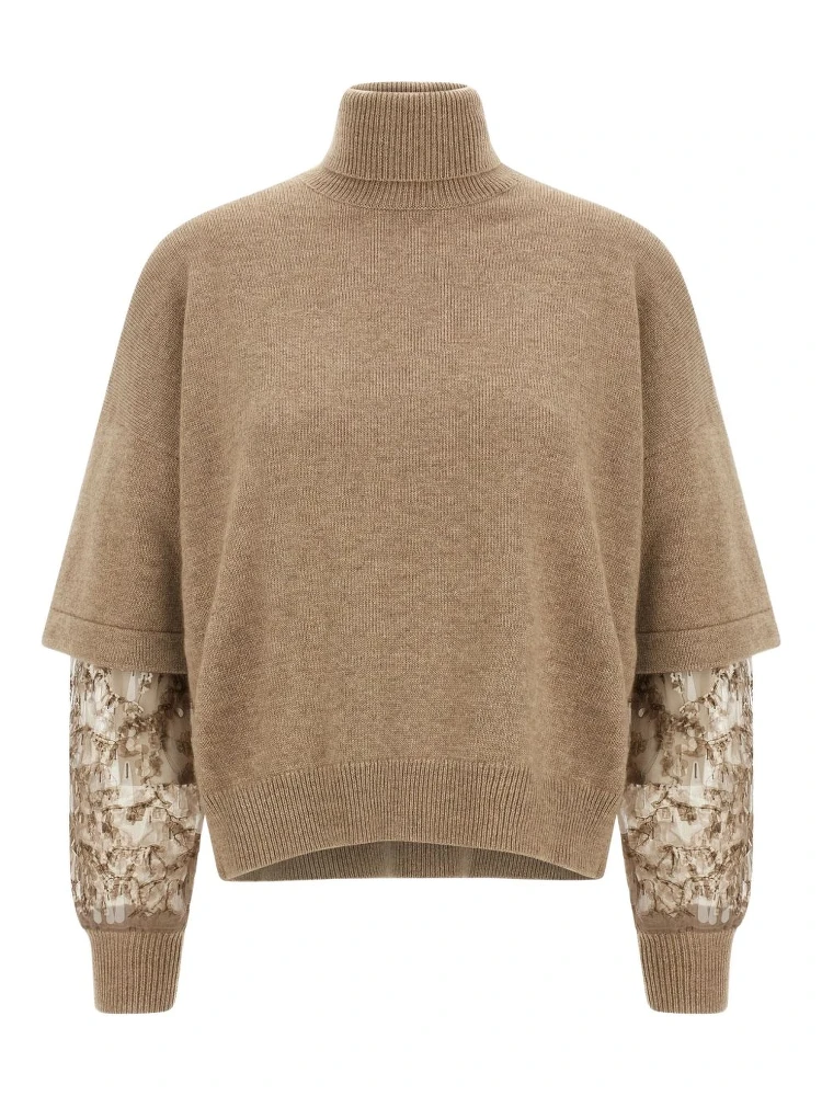 Cashmere Turtleneck Sweater With Sheer Sequined Sleeves In Brown