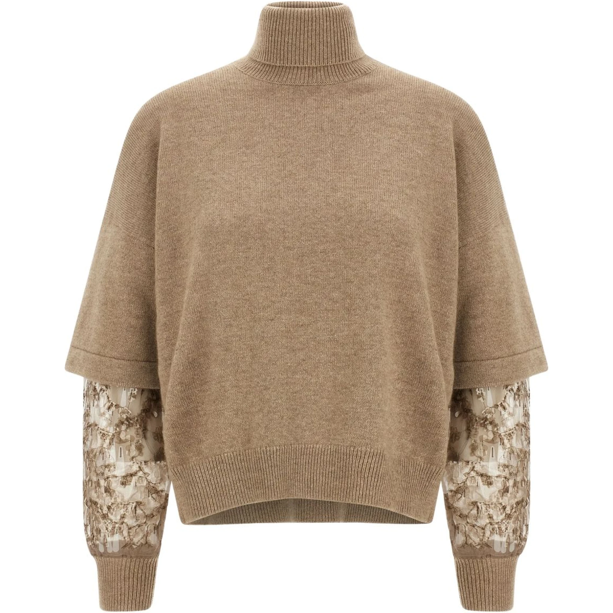 Cashmere Turtleneck Sweater With Sheer Sequined Sleeves In Brown