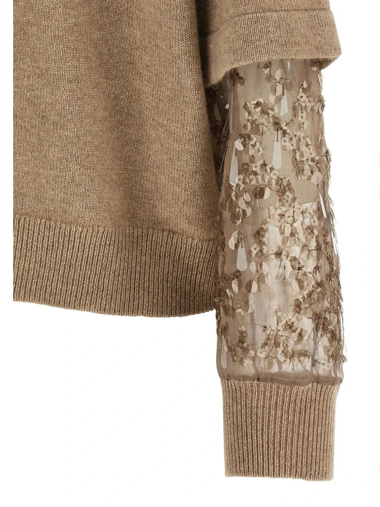 Cashmere Turtleneck Sweater With Sheer Sequined Sleeves In Brown alternative