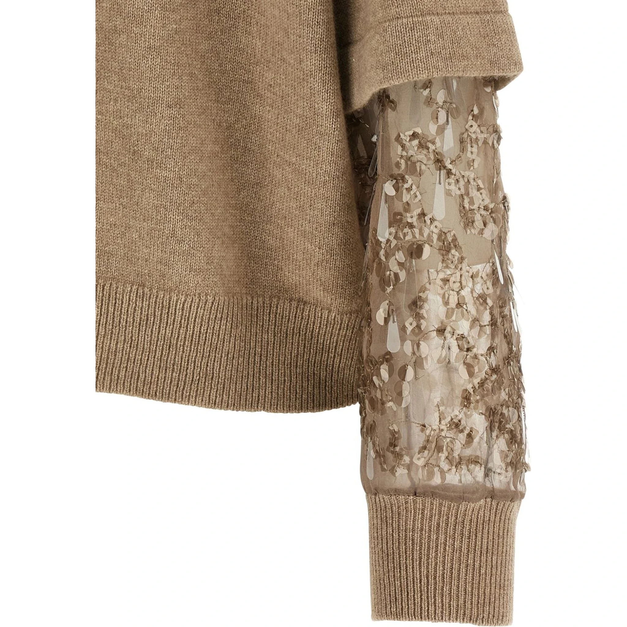 Cashmere Turtleneck Sweater With Sheer Sequined Sleeves In Brown