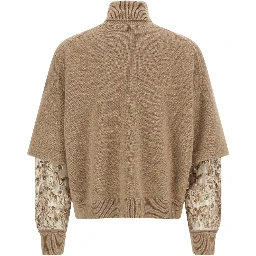 Cashmere Turtleneck Sweater With Sheer Sequined Sleeves In Brown