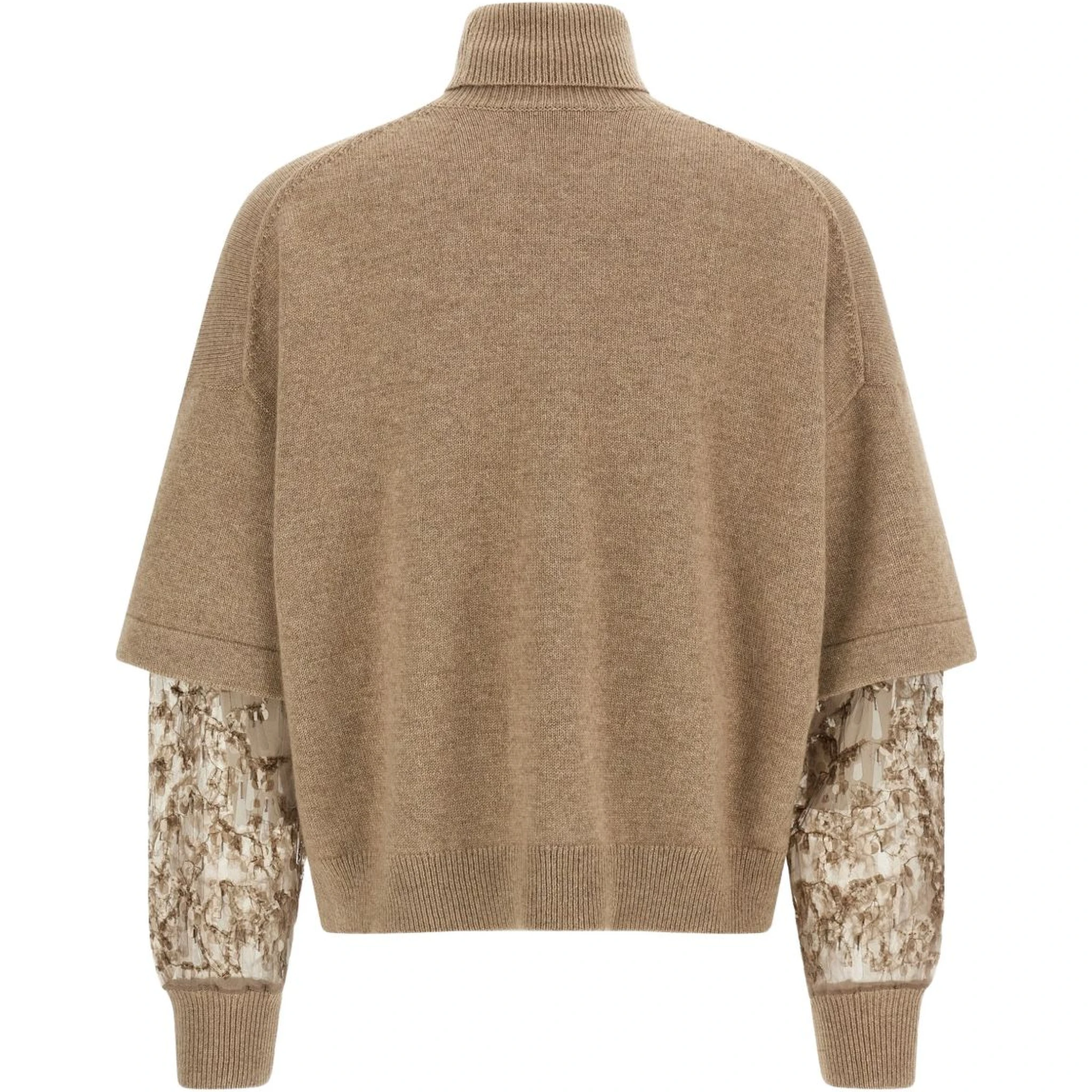 Cashmere Turtleneck Sweater With Sheer Sequined Sleeves In Brown