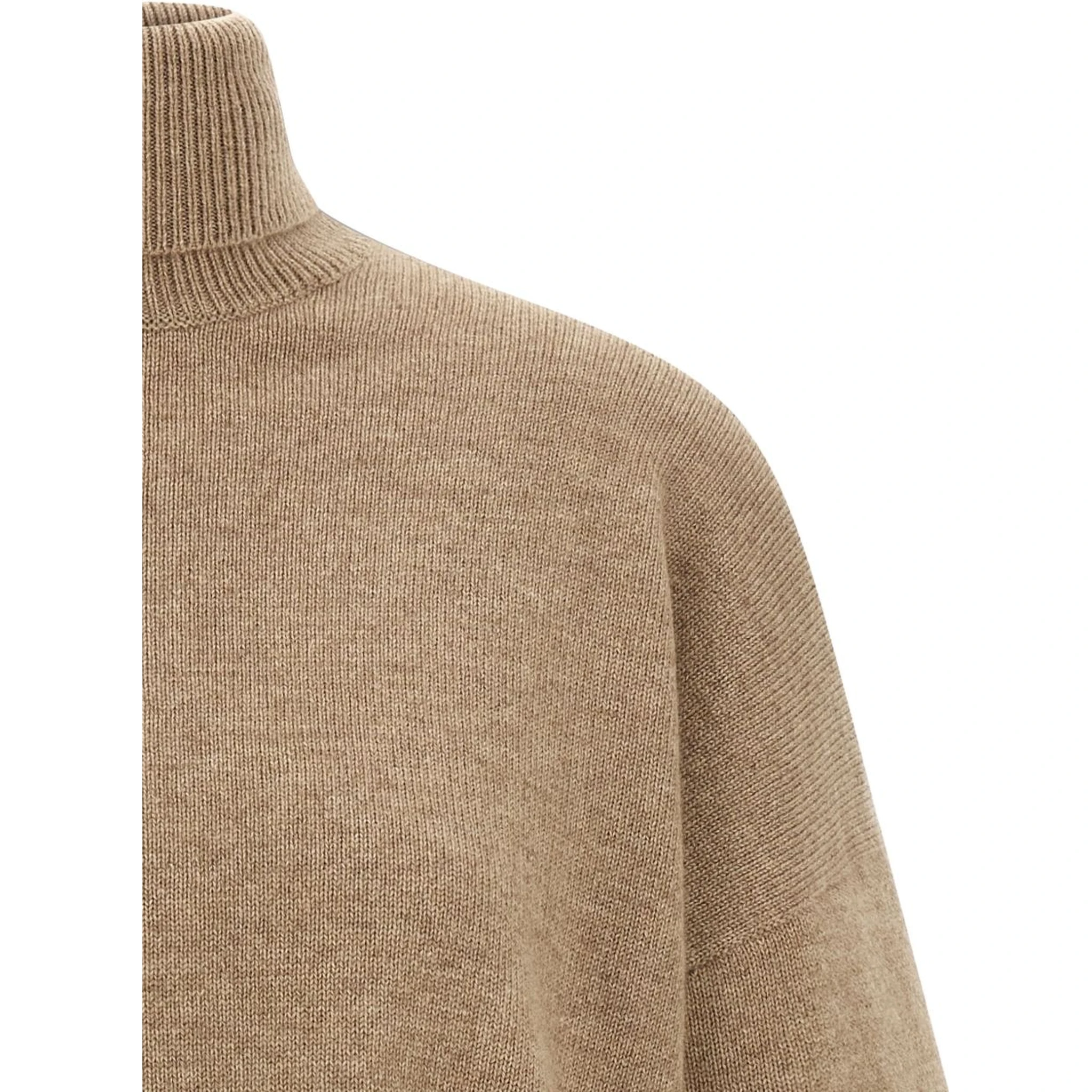 Cashmere Turtleneck Sweater With Sheer Sequined Sleeves In Brown