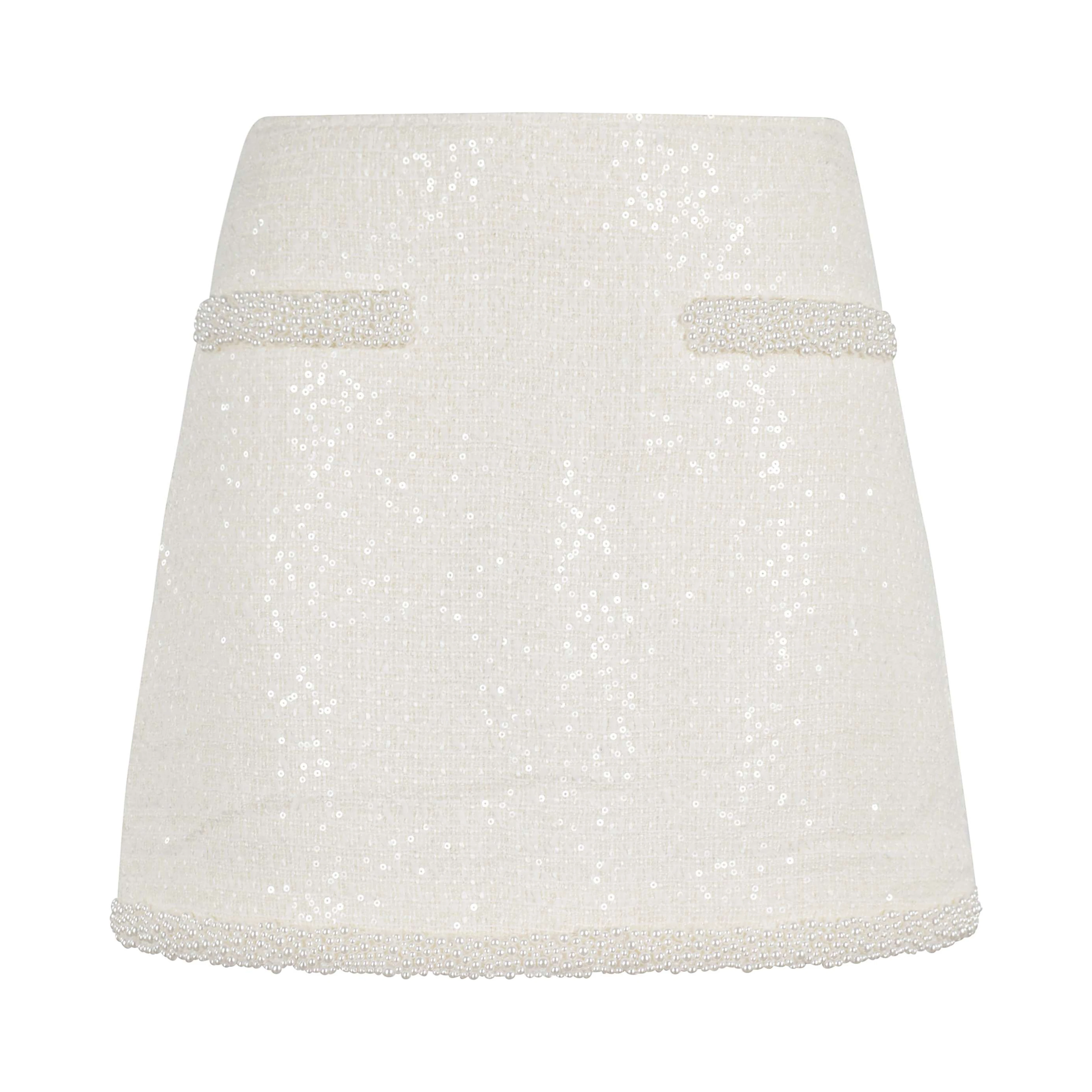 Cream Boucle Pearl Trim Mini Skirt In White