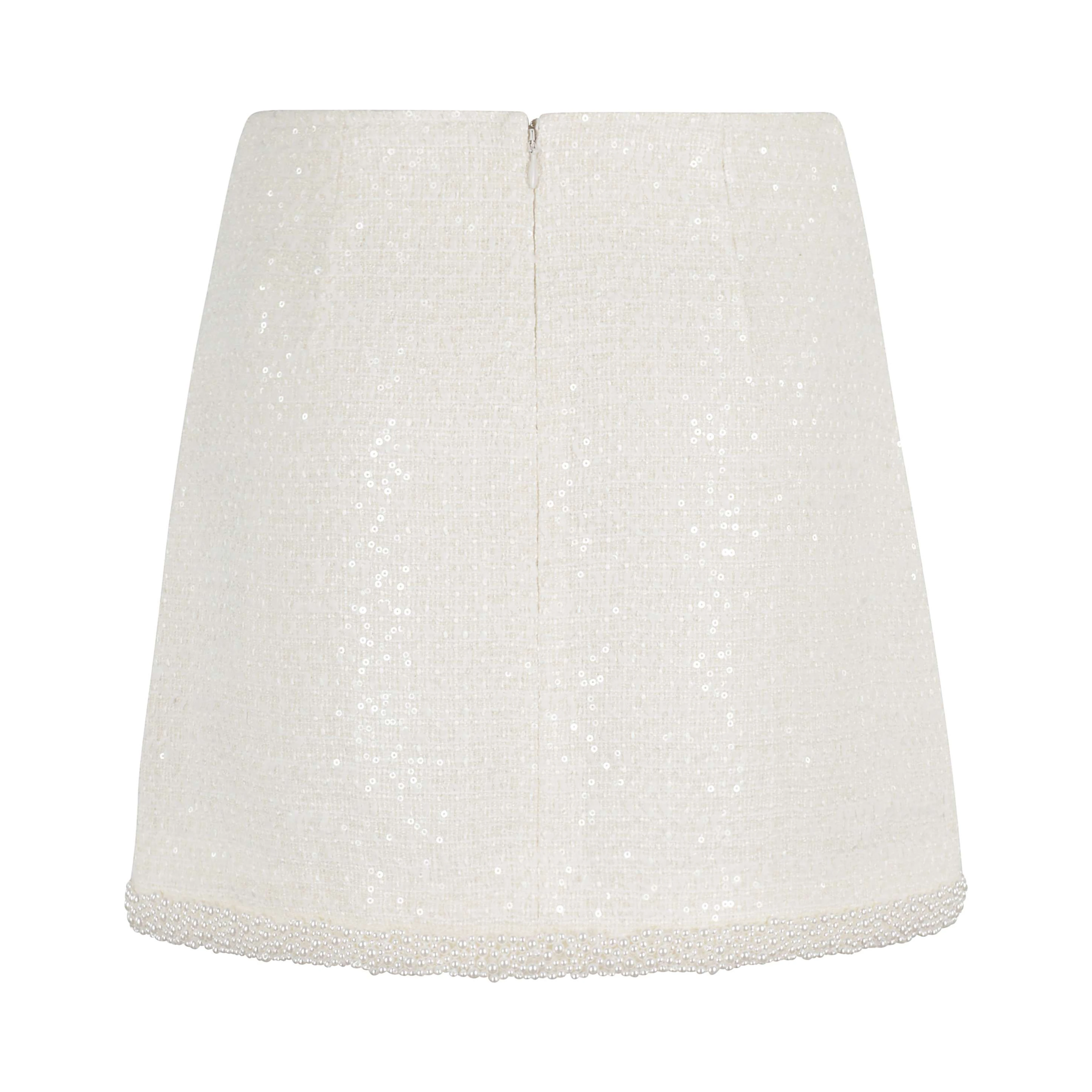 Cream Boucle Pearl Trim Mini Skirt In White