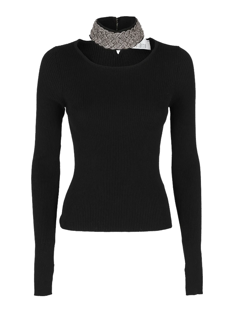 Crystal-embellished ribbed-knit jumper