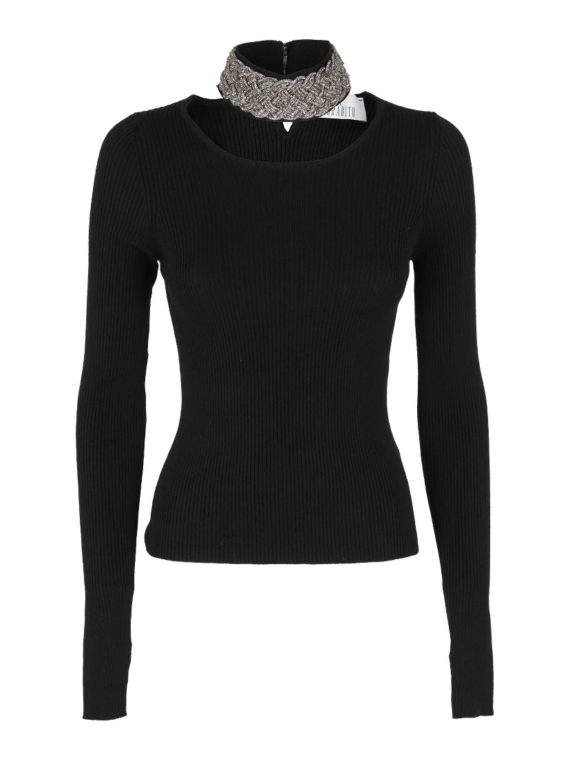 Crystal-embellished ribbed-knit jumper