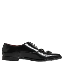 Black Leather Jeweled Crystals Derby Shoes