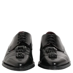 Black Leather Jeweled Crystals Derby Shoes