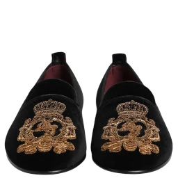 Black Velvet Gold Crown Mens Loafers Shoes