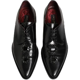 Black Leather Jeweled Crystals Derby Shoes