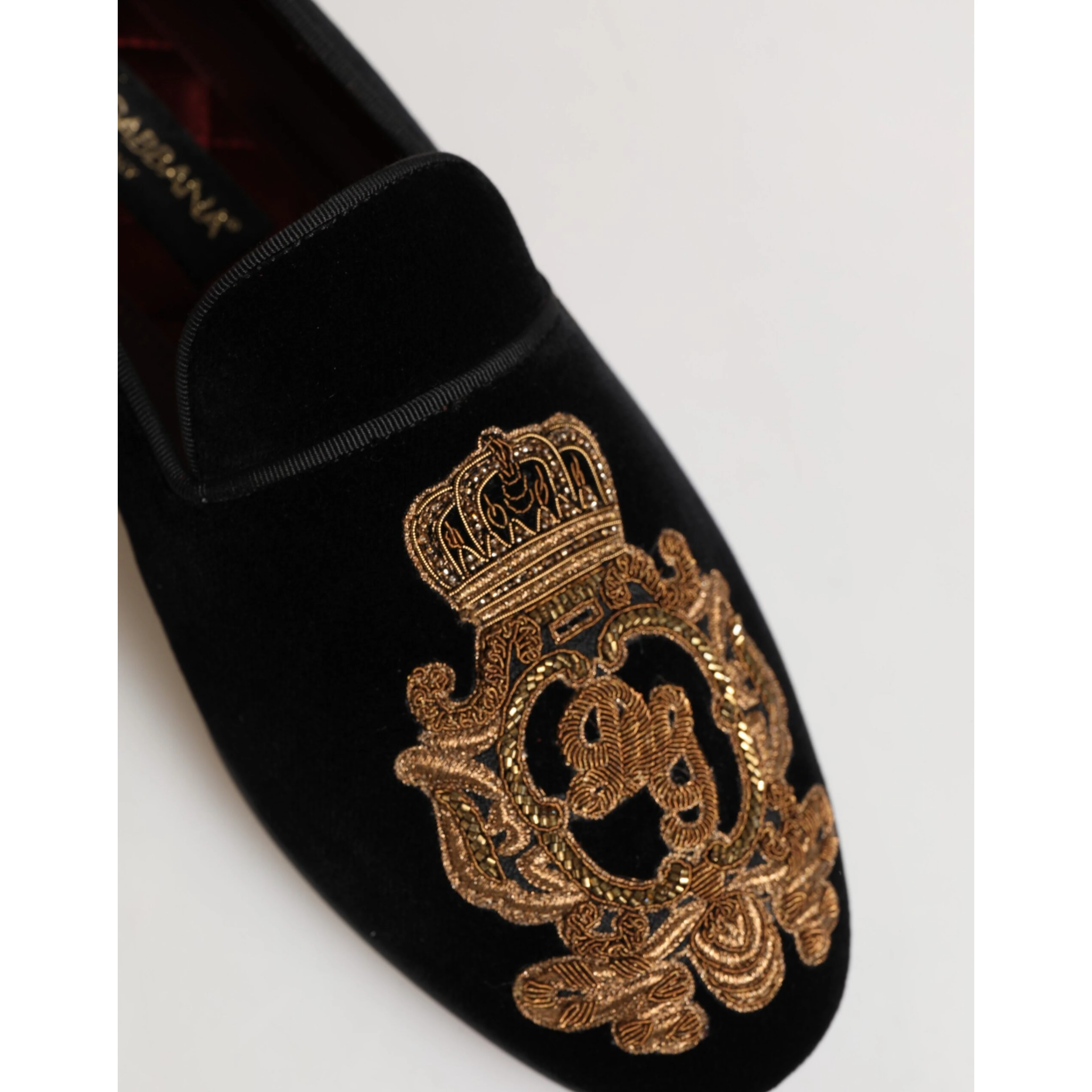 Black Velvet Gold Crown Mens Loafers Shoes