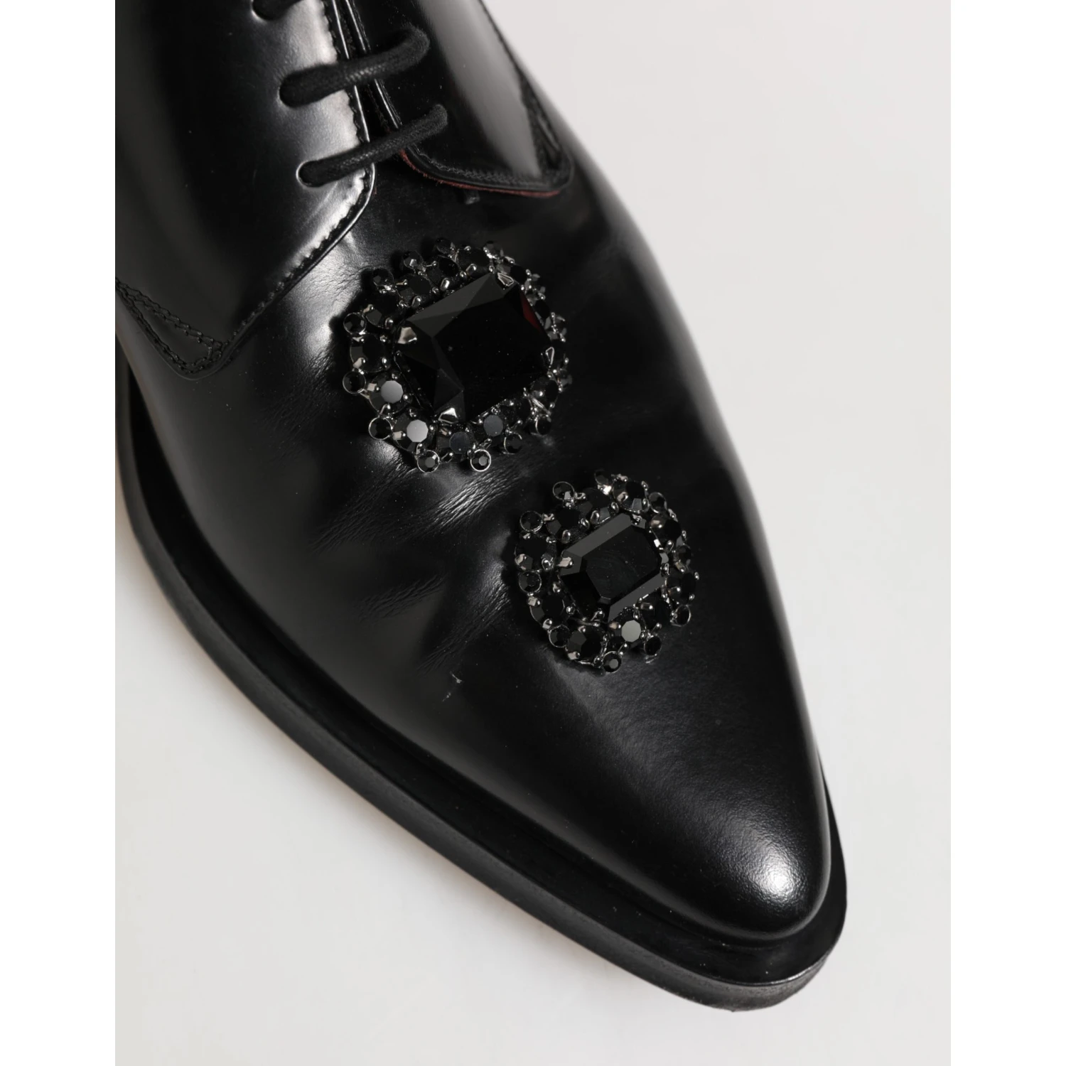 Black Leather Jeweled Crystals Derby Shoes