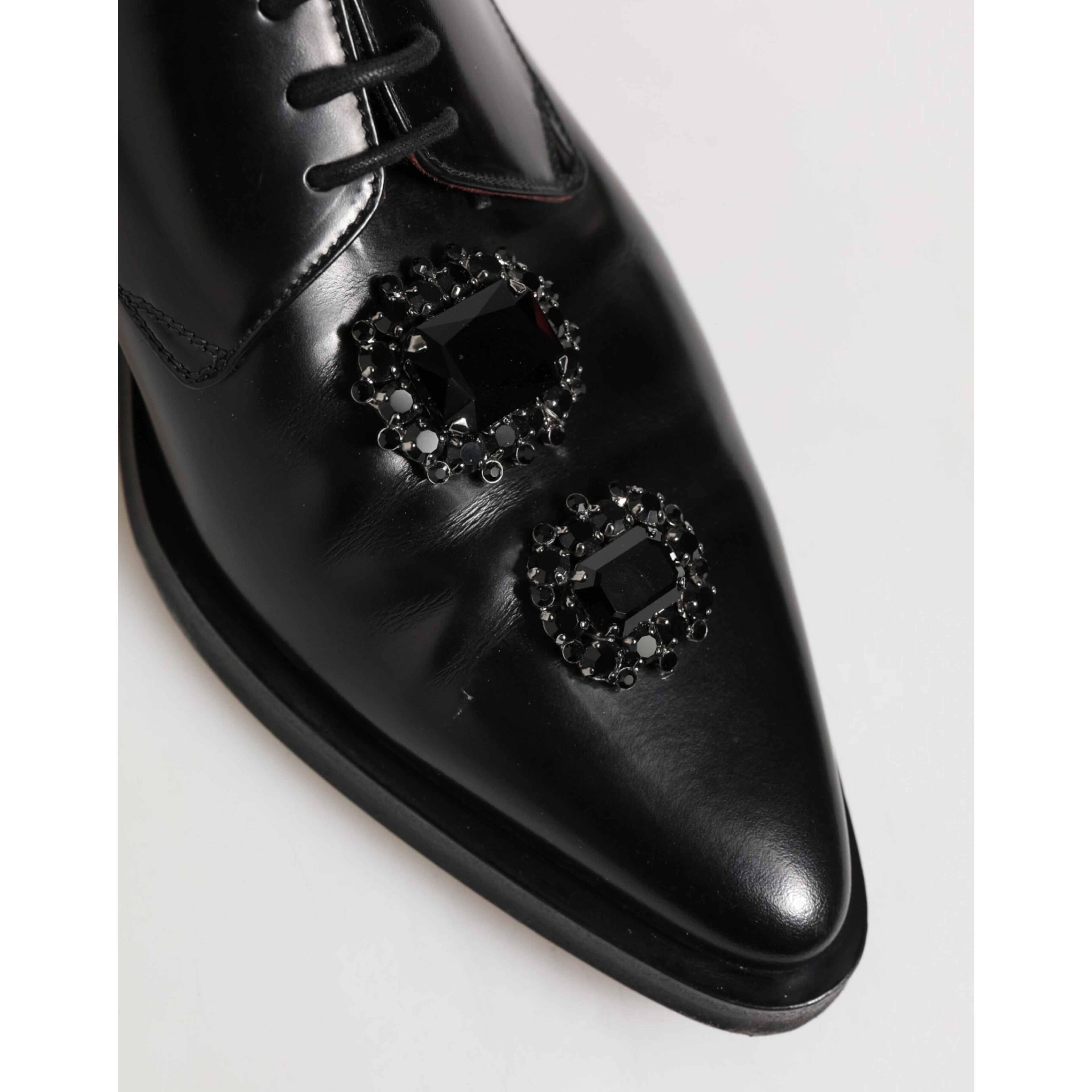 Black Leather Jeweled Crystals Derby Shoes