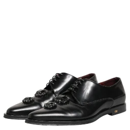 Black Leather Jeweled Crystals Derby Shoes