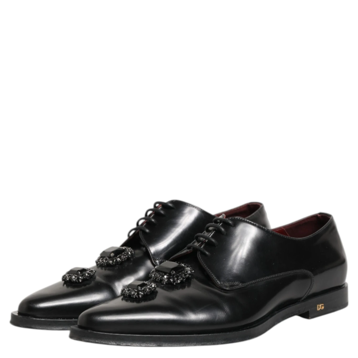 Black Leather Jeweled Crystals Derby Shoes