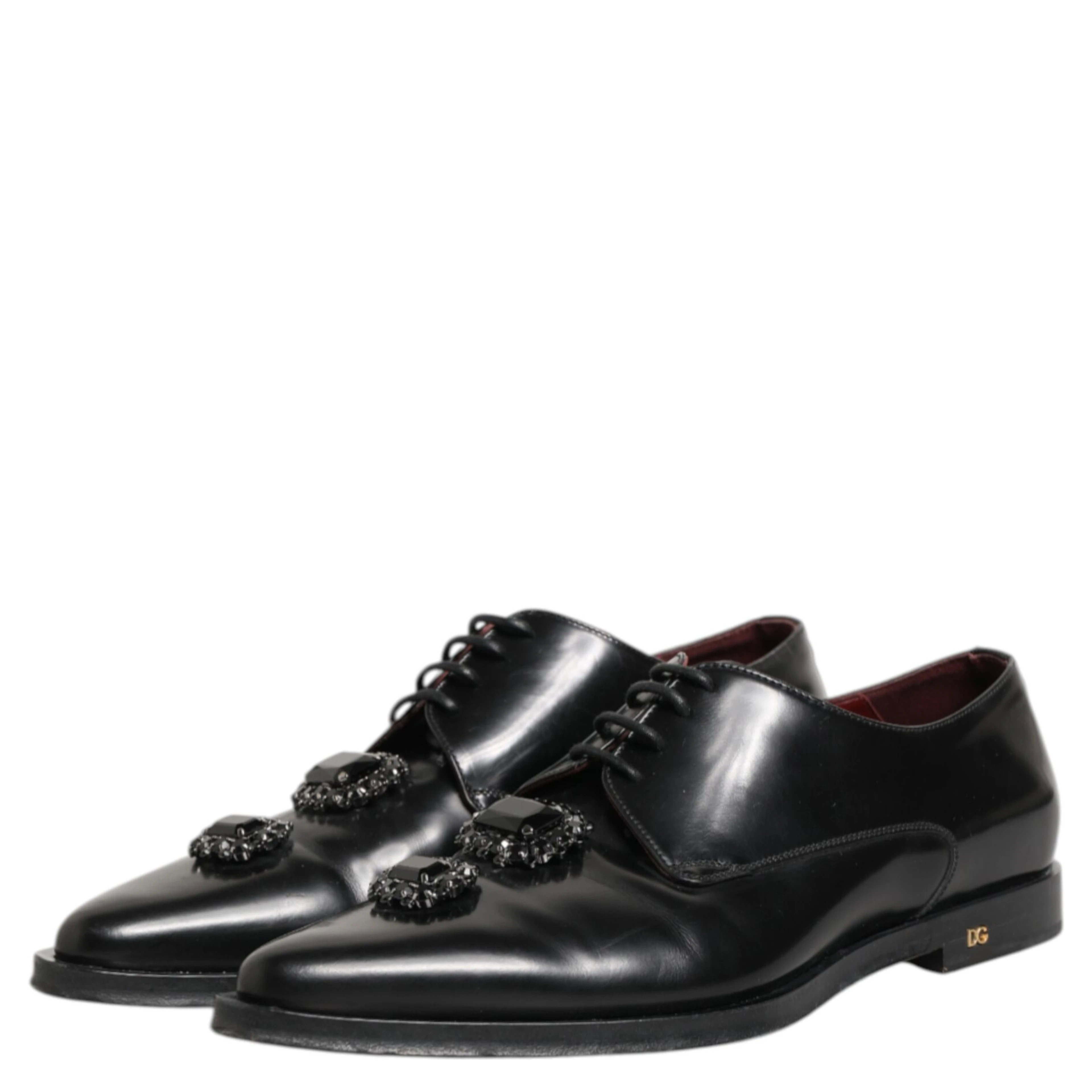 Black Leather Jeweled Crystals Derby Shoes