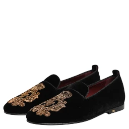 Black Velvet Gold Crown Mens Loafers Shoes