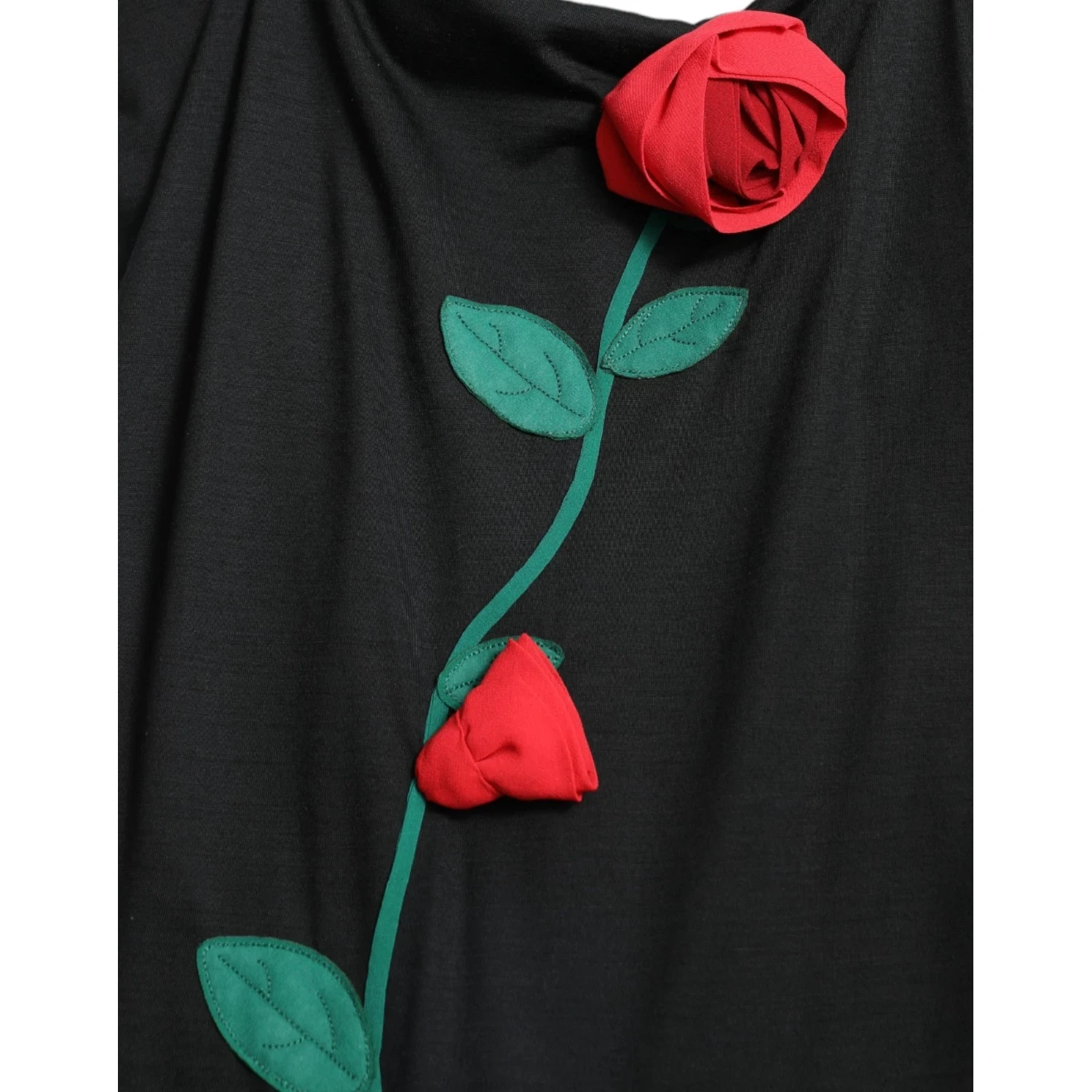 Black Wool Sleeveless Rose Applique Dress