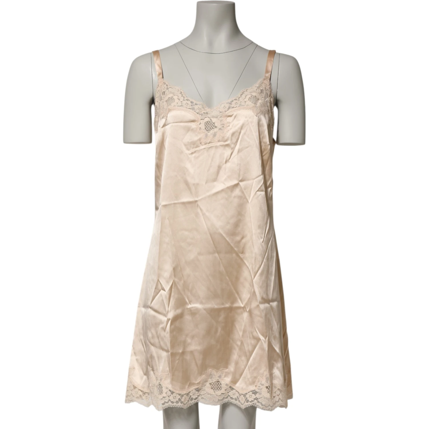 Nude Chemise Lingerie Silk Blend Lace Trim Dress