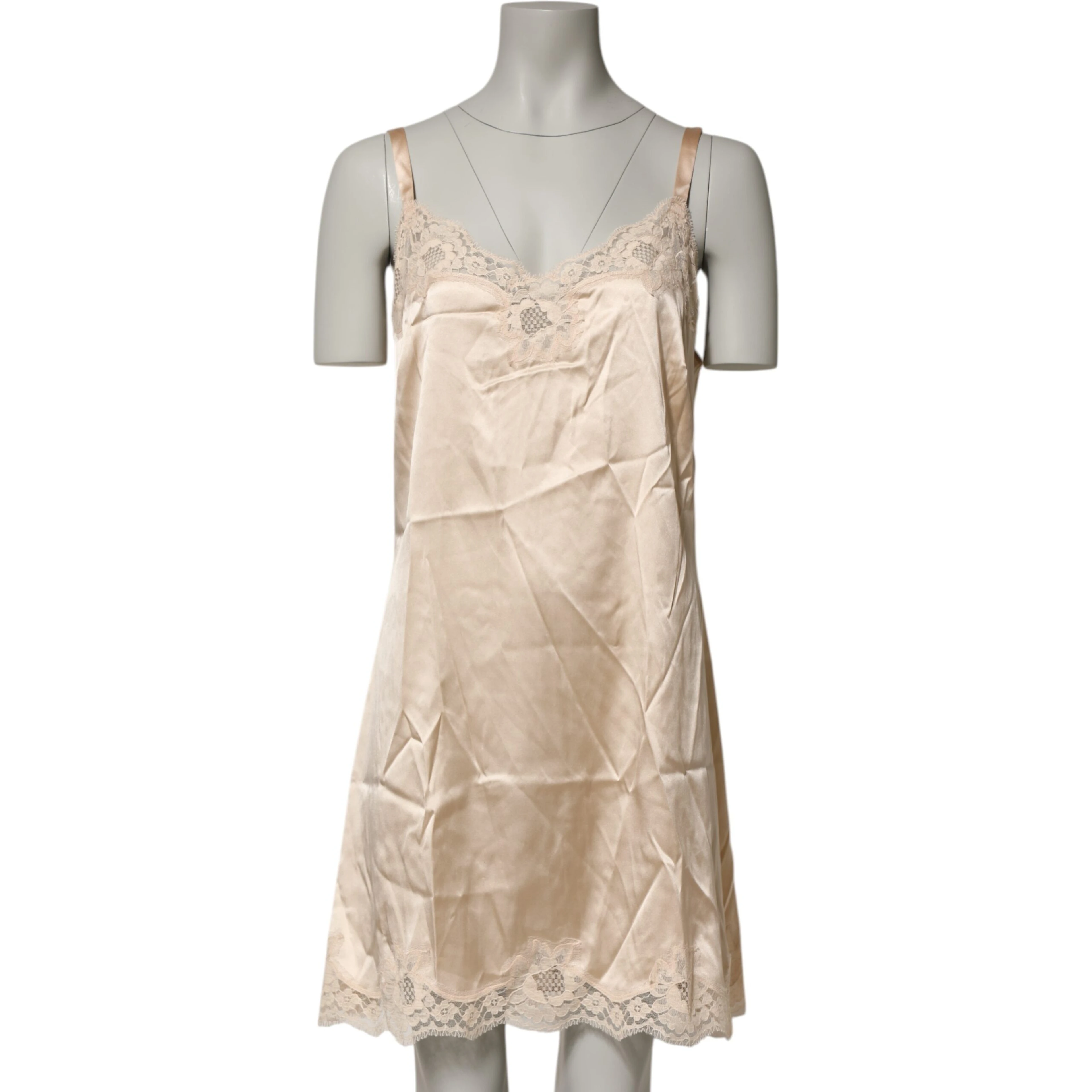 Nude Chemise Lingerie Silk Blend Lace Trim Dress