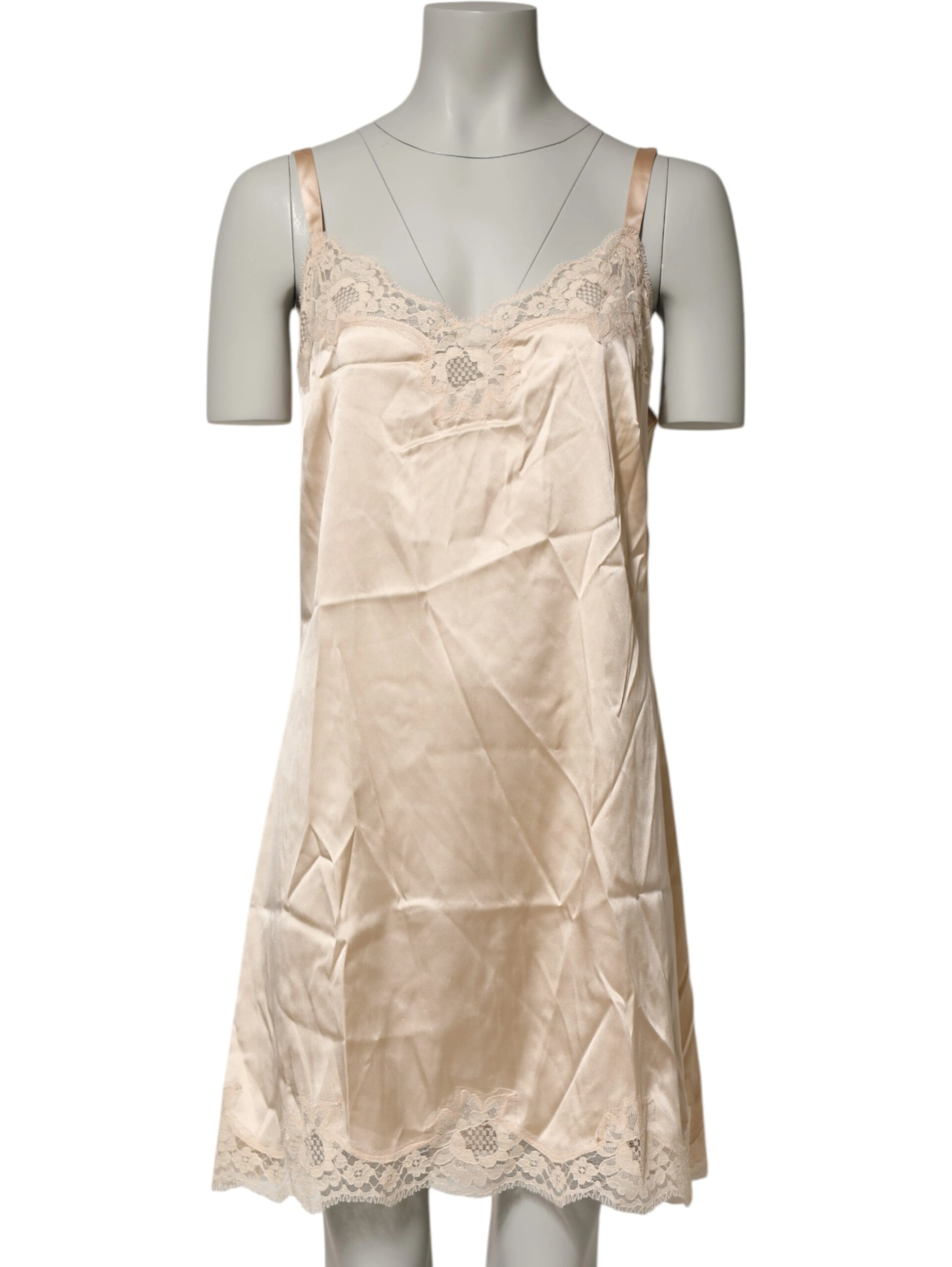 Nude Chemise Lingerie Silk Blend Lace Trim Dress