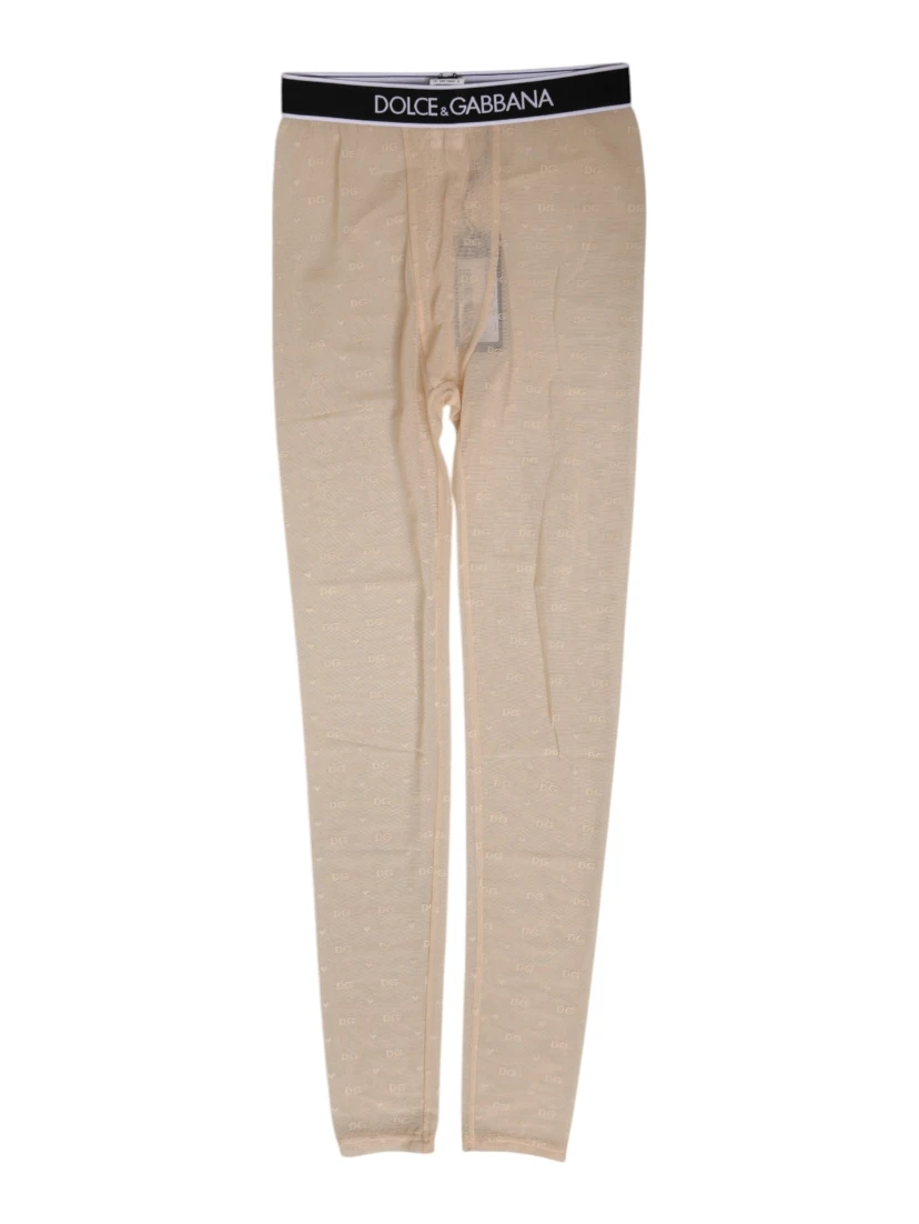 Beige Nylon Logo Lace Leggings Pants Underwear