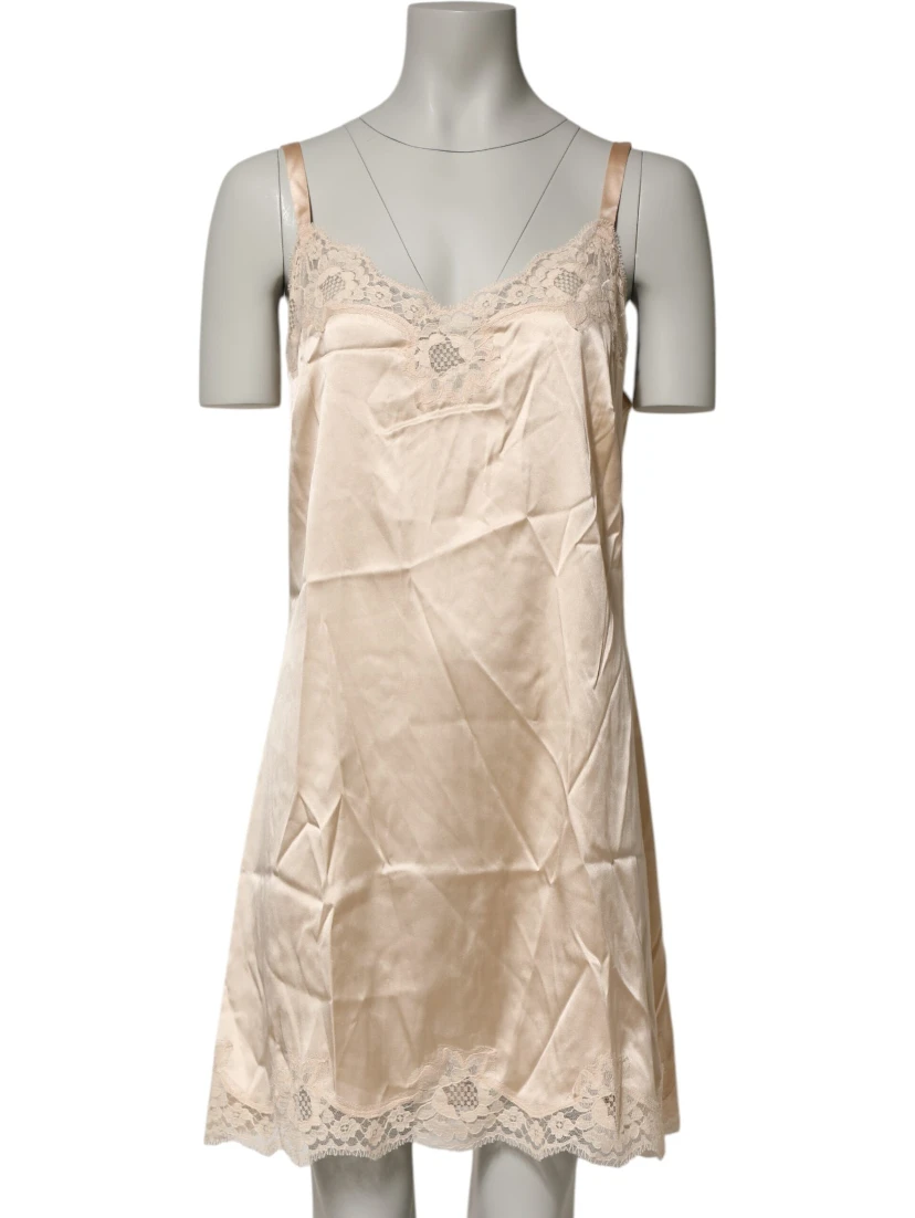 Nude Chemise Lingerie Silk Blend Lace Trim Dress