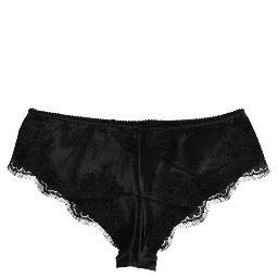 Black Silk Satin Floral Lace Panty Brief Underwear