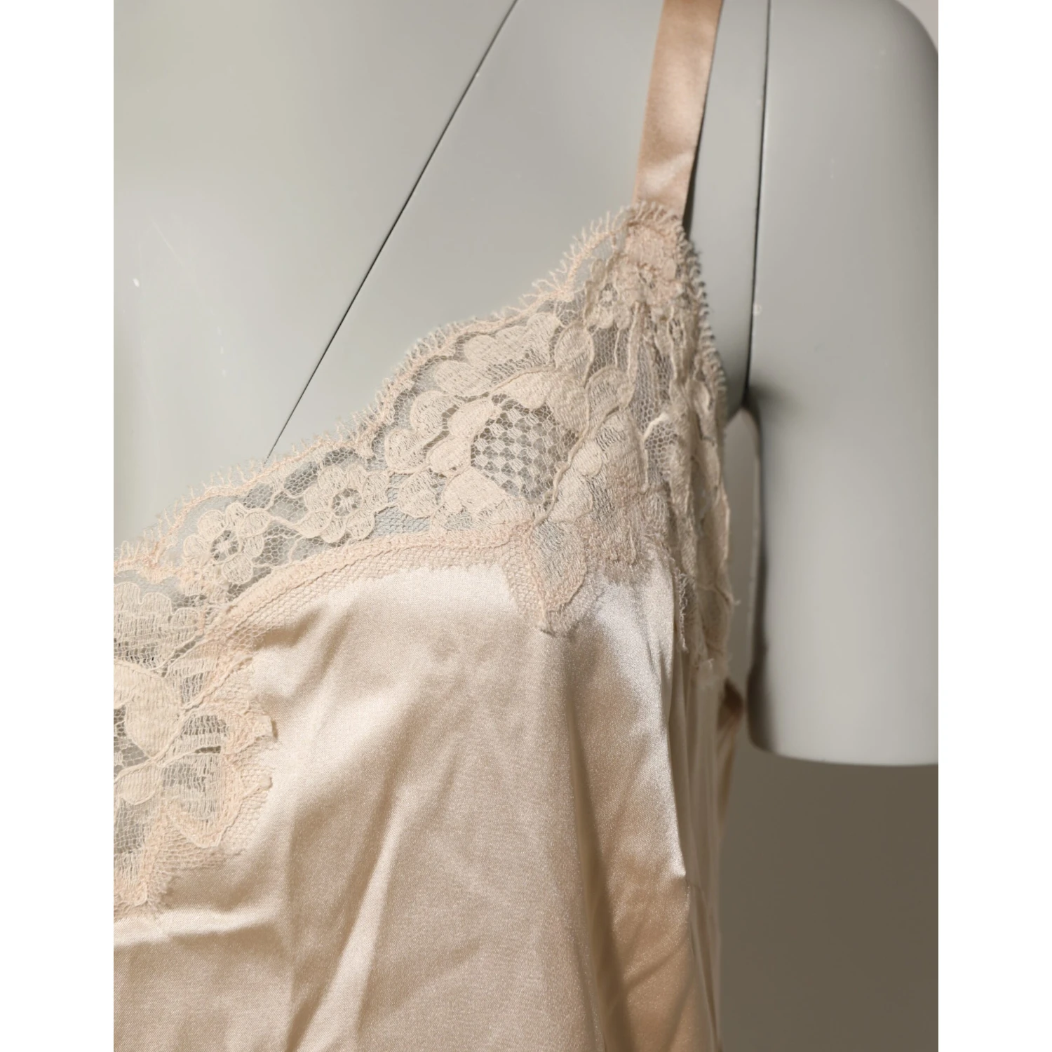 Nude Chemise Lingerie Silk Blend Lace Trim Dress