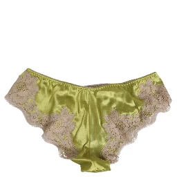 Green Silk Satin Floral Lace Trim Panty Underwear