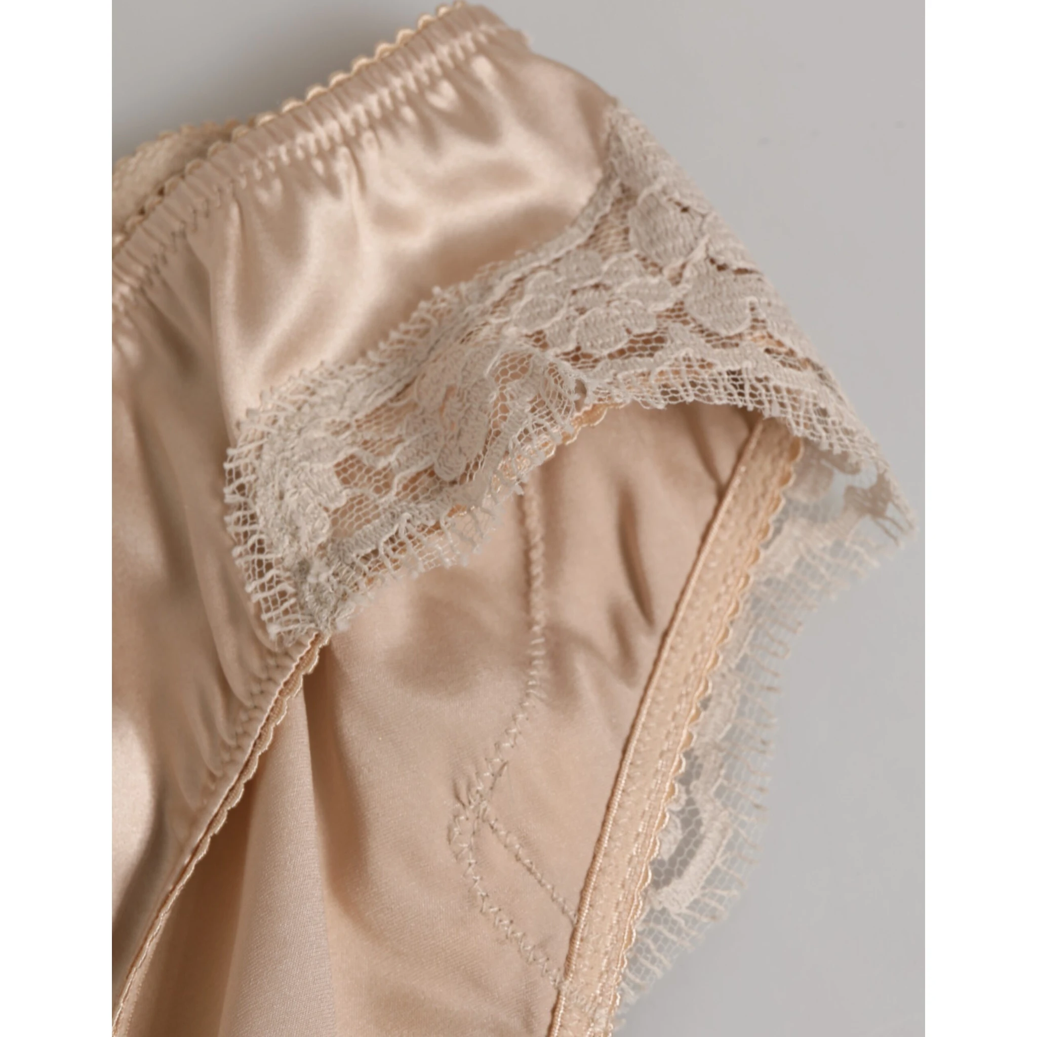 Beige Silk Satin Floral Lace Panty Brief Underwear