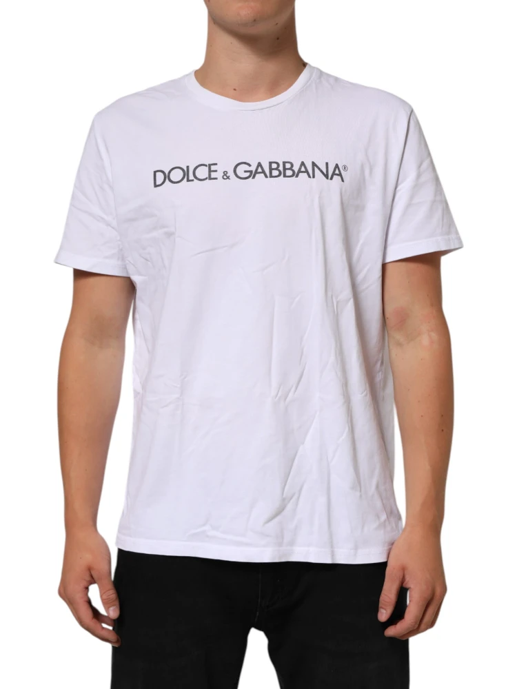 White Logo Print Cotton Crew Neck T-shirt